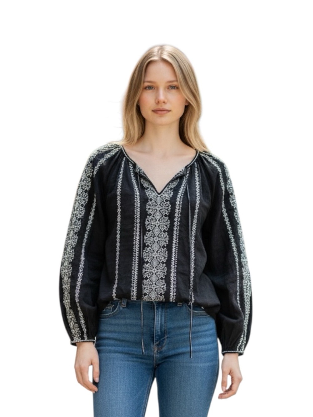 Max Studio Black Embroidered Peasant Tunic Top Size XS